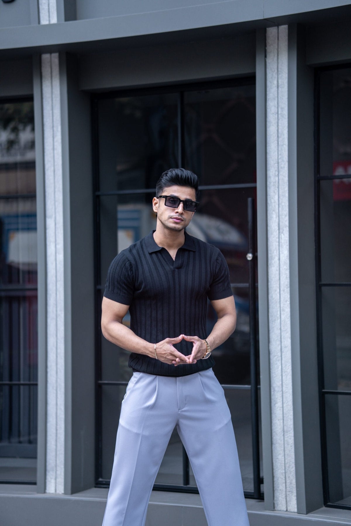 RIBBED KNITTED BLACK HALF SLEEVES POLO T-SHIRT image 0