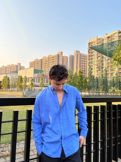 ROYAL BLUE COTTON LINEN CHINESE COLAR SHIRT image 3