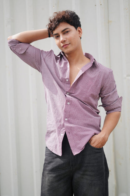 Wine Red & White Vertical Striped F/S Popcorn Shirt image 5