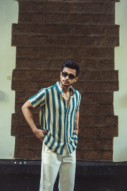 Crochet Teal Green Half Sleeves Shirt image 4
