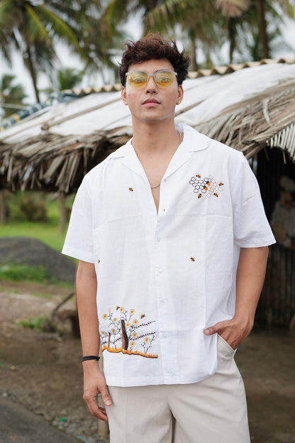 White Buzz Garden Cuban Collar Shirt With Bee & Nature Embroidery image 0