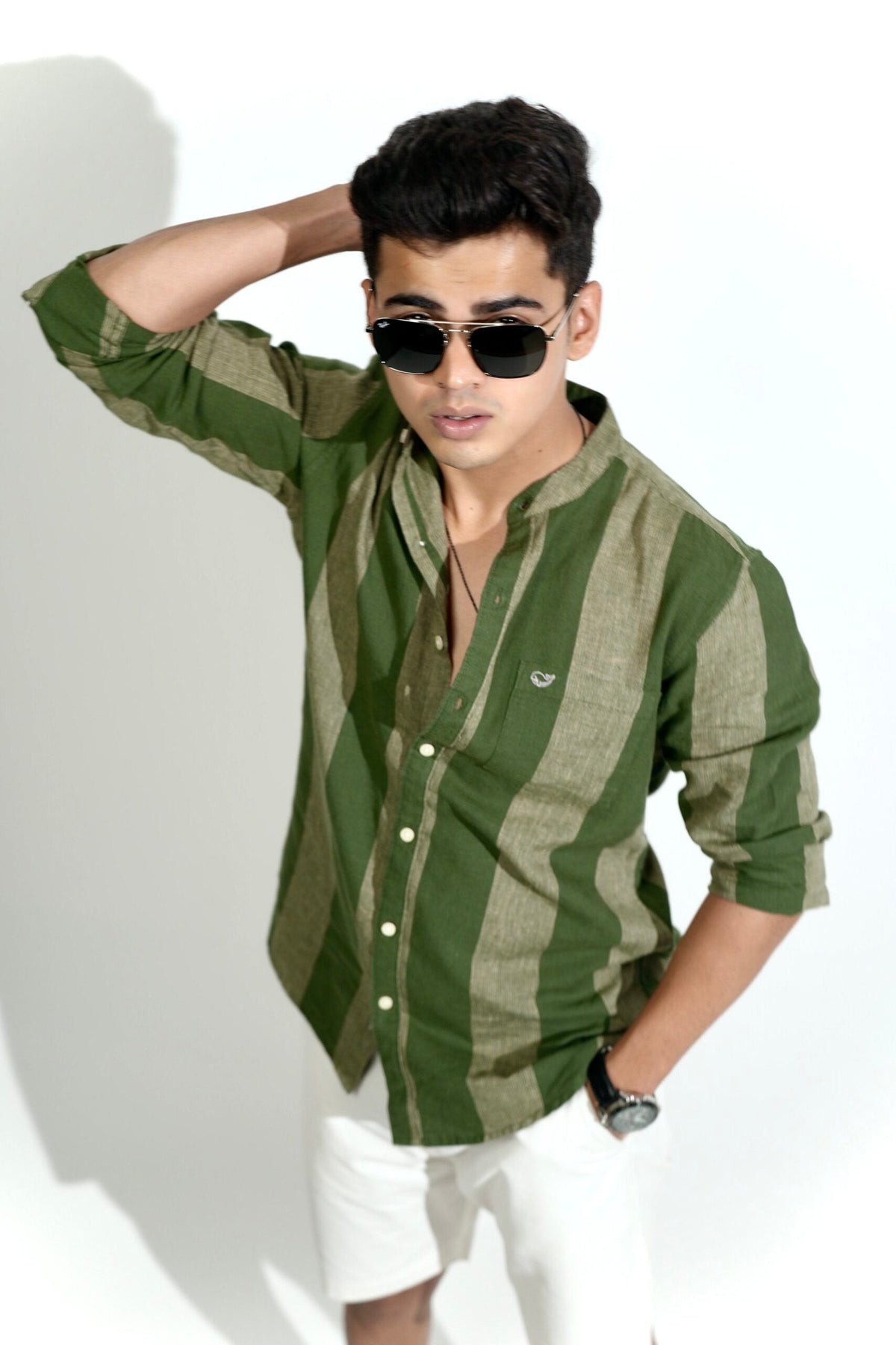 Cotton Linen Chinese Collar Peacock Green Stripes Shirt image 0