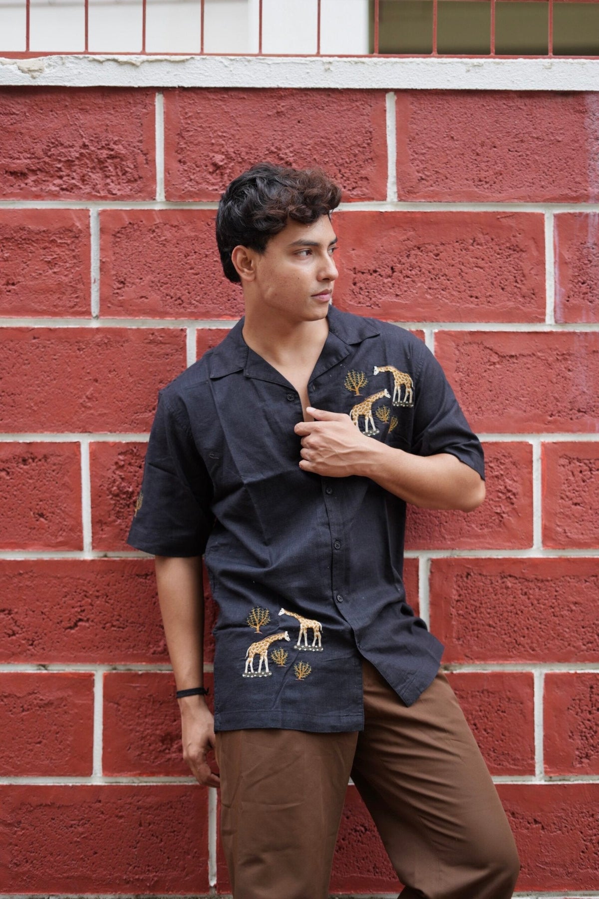 Black Giraffe Grove Cuban Collar Shirt With Tree Embroidery image 3
