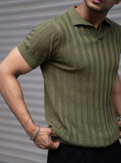 RIBBED KNITTED OLIVE HALF SLEEVES POLO T-SHIRT image 1