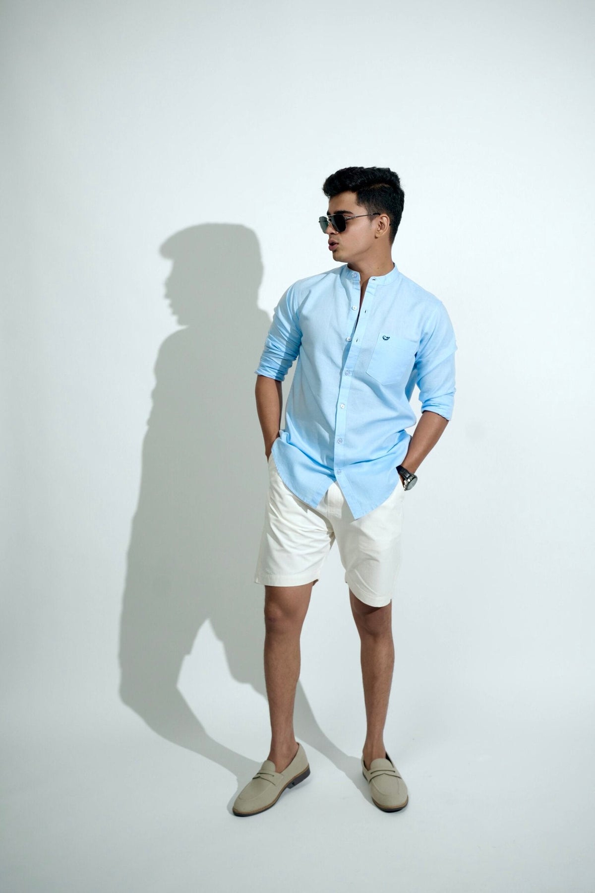 Cotton Linen Chinese Collar Sky Blue Shirt image 1