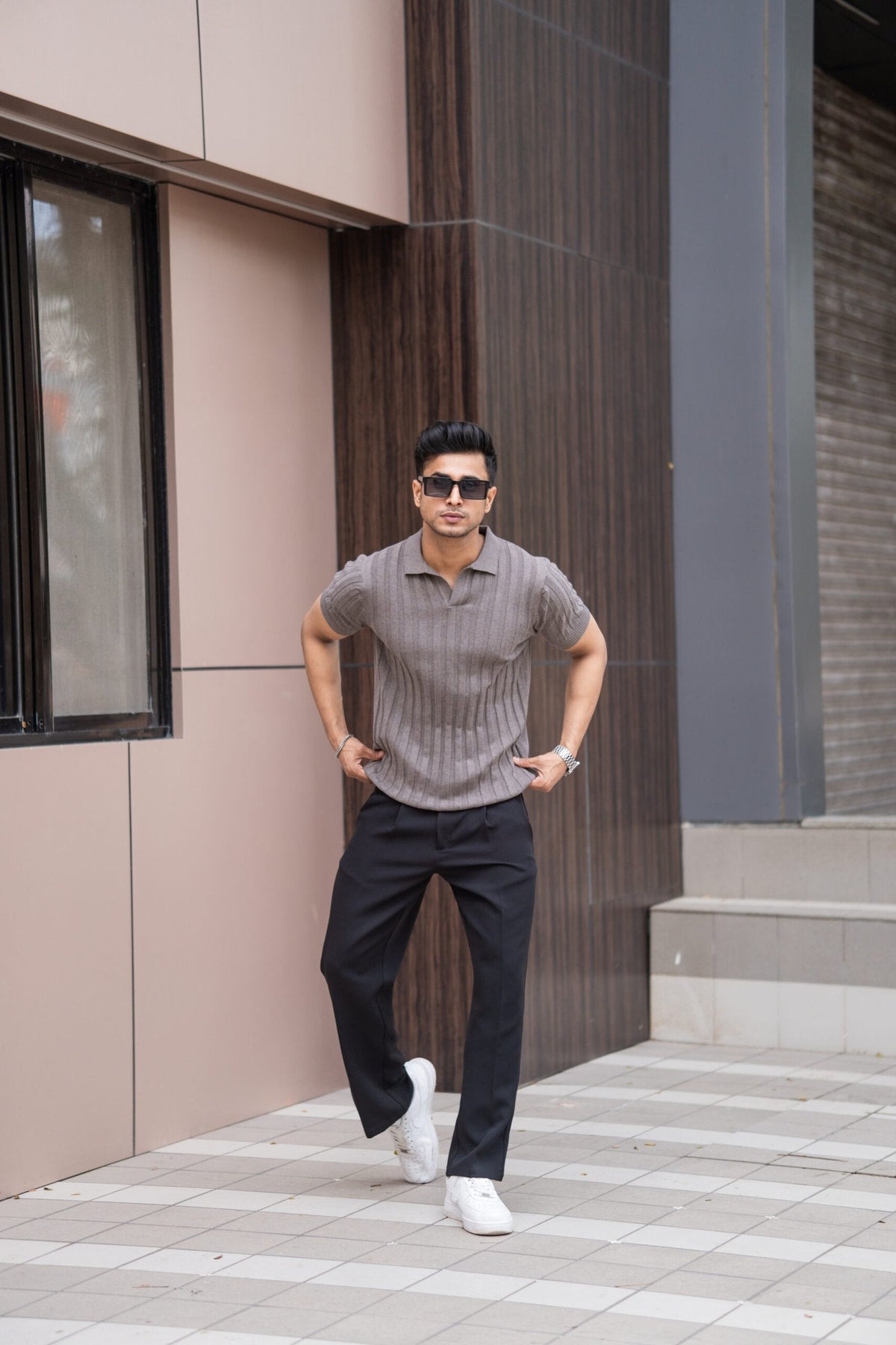 RIBBED KNITTED CHARCOAL HALF SLEEVES POLO T-SHIRT image 0