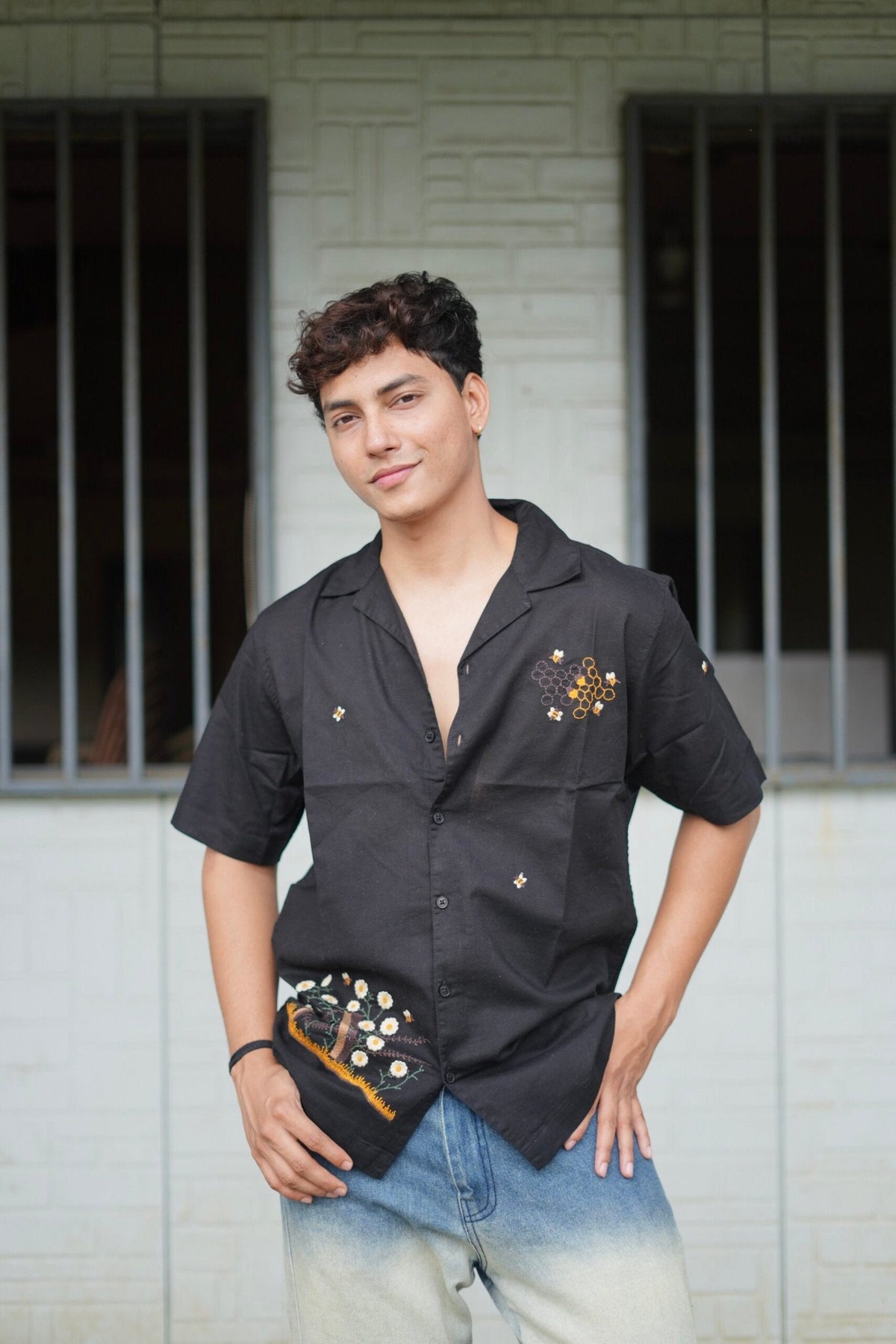 Black Buzz Garden Cuban Collar Shirt With Bee & Nature Embroidery image 2