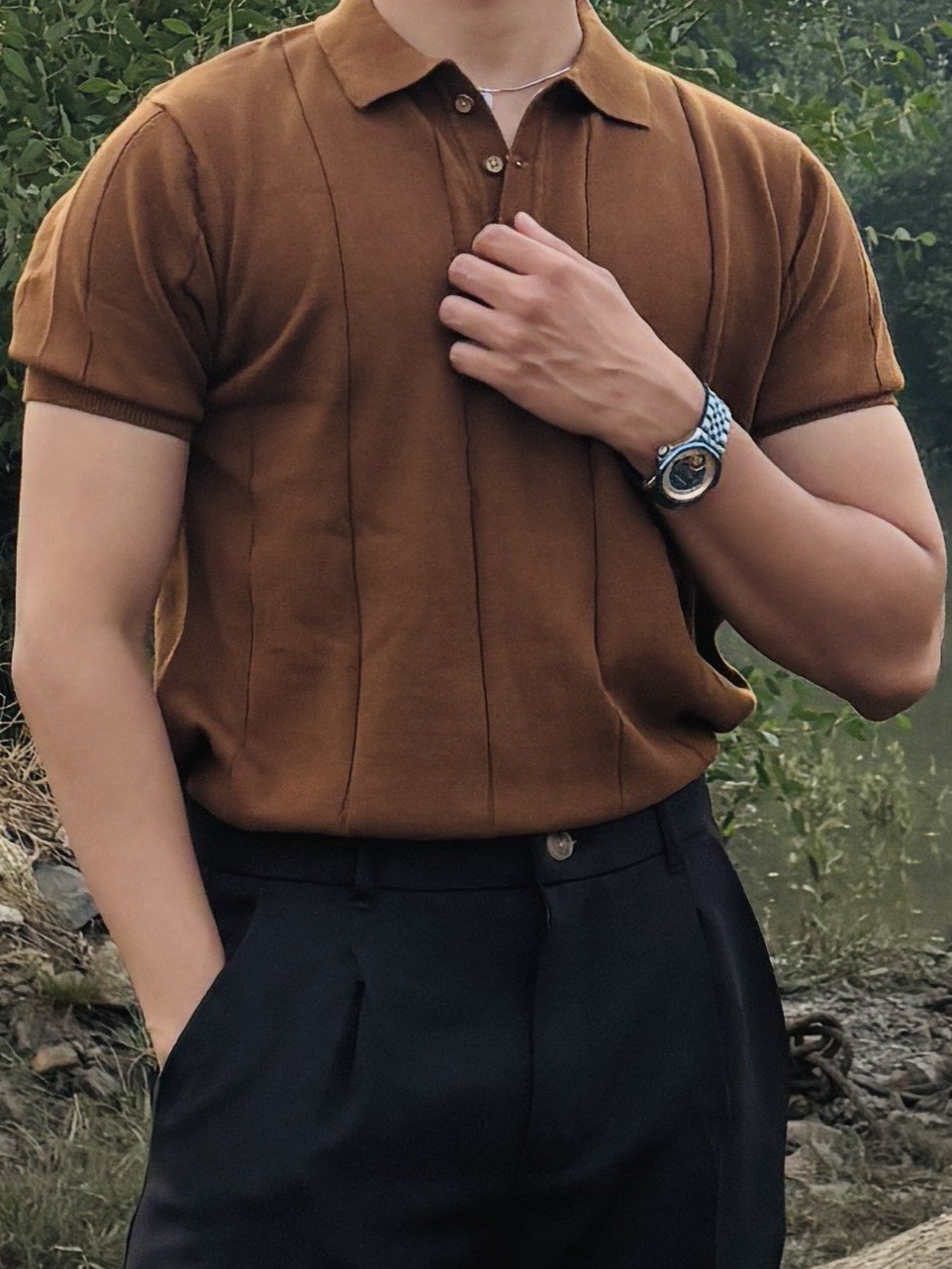 Dark Brown Knitted Polo T-Shirt image 3