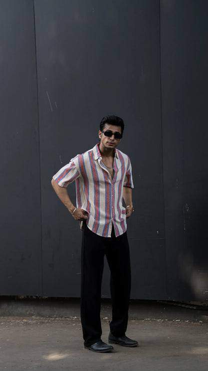 CROCHET RED WHITE STRIPES HALF SLEEVES SHIRT image 0