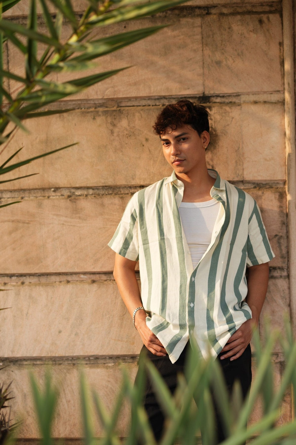 DUSKY WHITE AND GREEN STRIPES HALF SLEEVES SHIRT image 0
