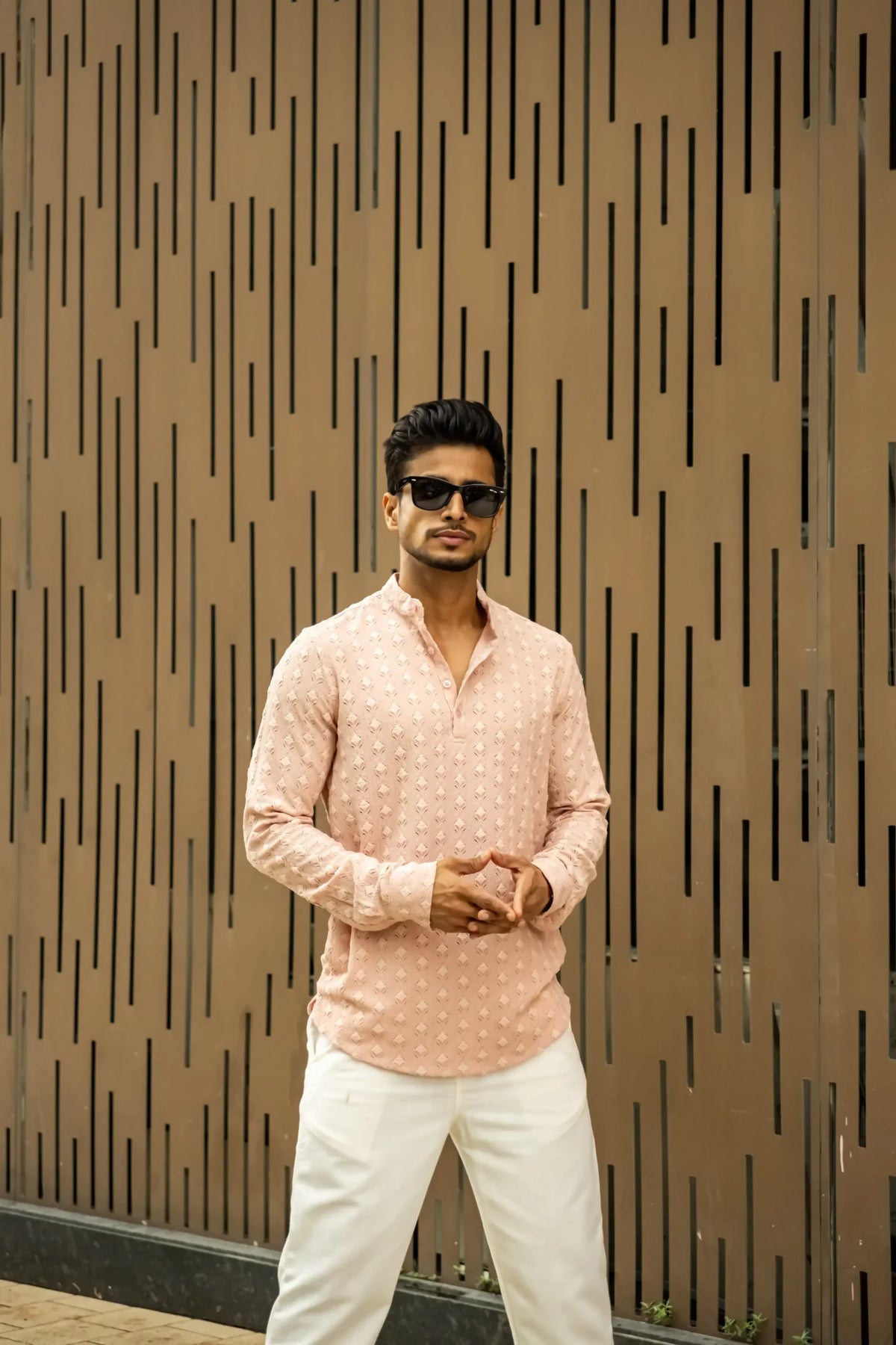 Structured Peach Full Sleeves Short Kurta image 2