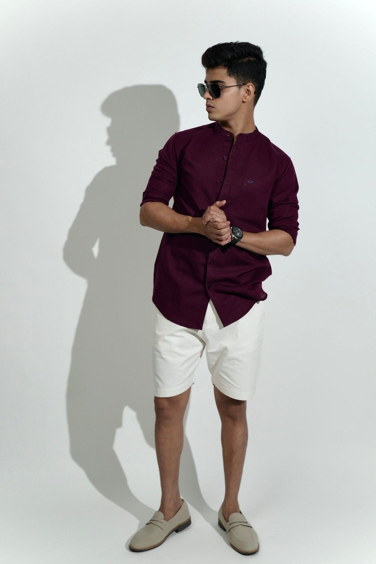 Cotton Linen Chinese Collar Maroon Shirt image 2