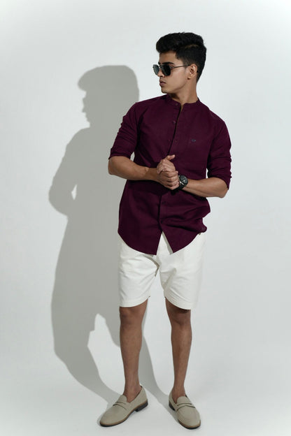 Cotton Linen Chinese Collar Maroon Shirt image 2