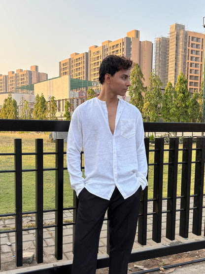 COTTON LINEN CHINESE COLAR WHITE SHIRT image 1