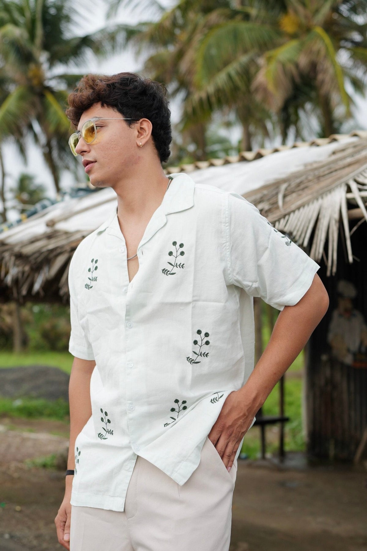 Mint Bloom Cuban Collar Shirt With Minimal Floral Embroidery image 4