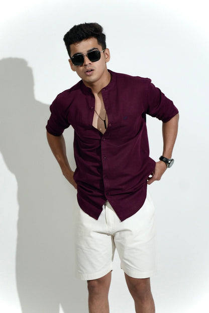 Cotton Linen Chinese Collar Maroon Shirt image 3
