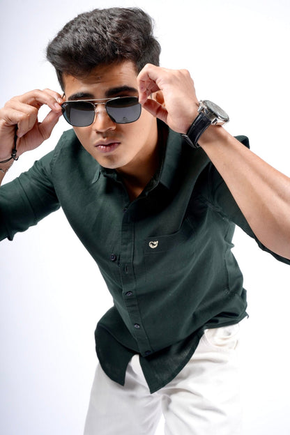 Bottle Green Cotton Linen Shirt image 3