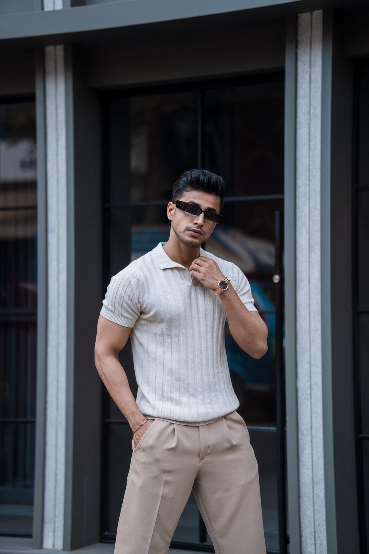 RIBBED KNITTED OFF WHITE HALF SLEEVES POLO T-SHIRT image 2