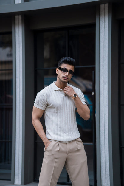 RIBBED KNITTED OFF WHITE HALF SLEEVES POLO T-SHIRT image 2