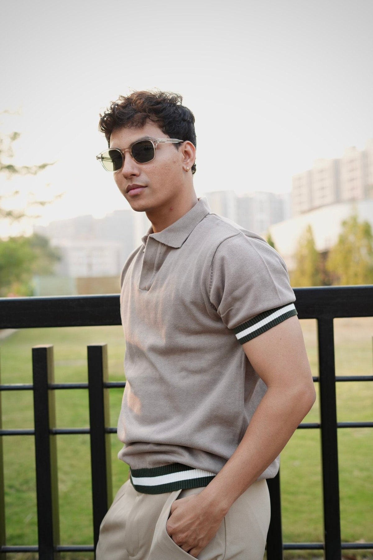 Knitted Polo T-Shirt – Dusty Grey with Green & White Rib image 0