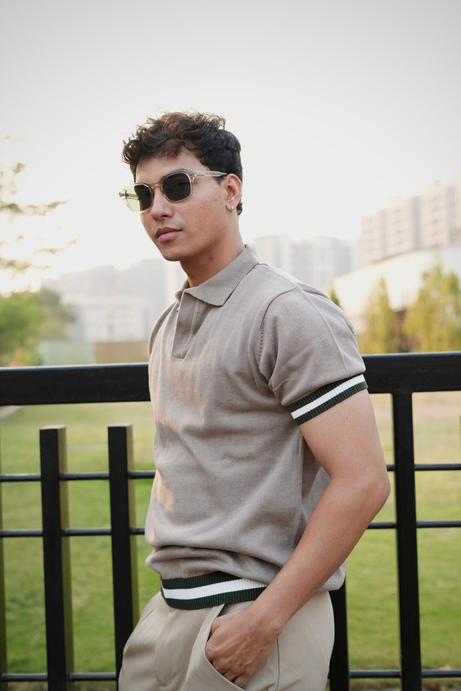 Knitted Polo T-Shirt – Dusty Grey with Green & White Rib image 0