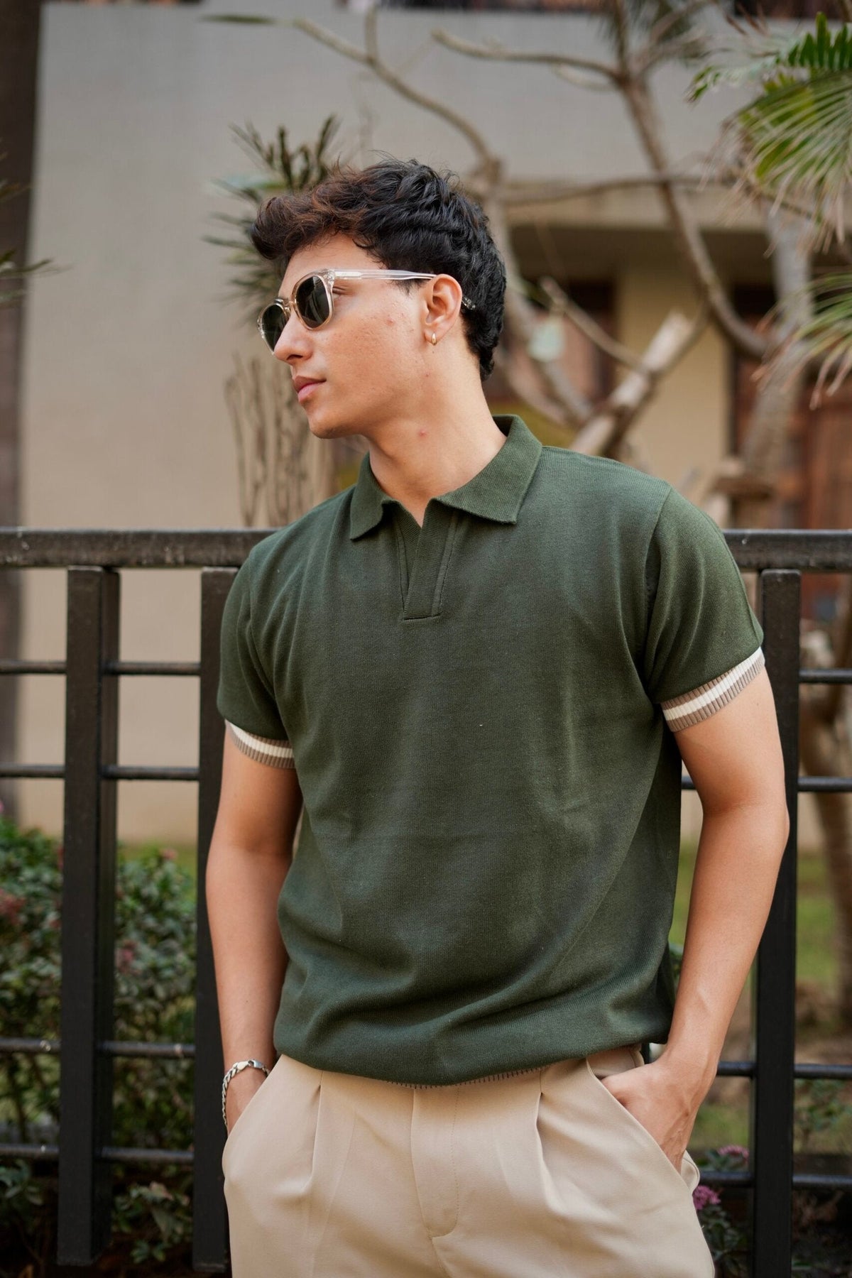 Knitted Polo T-Shirt – Olive Green with Pale Brown & White Rib image 1