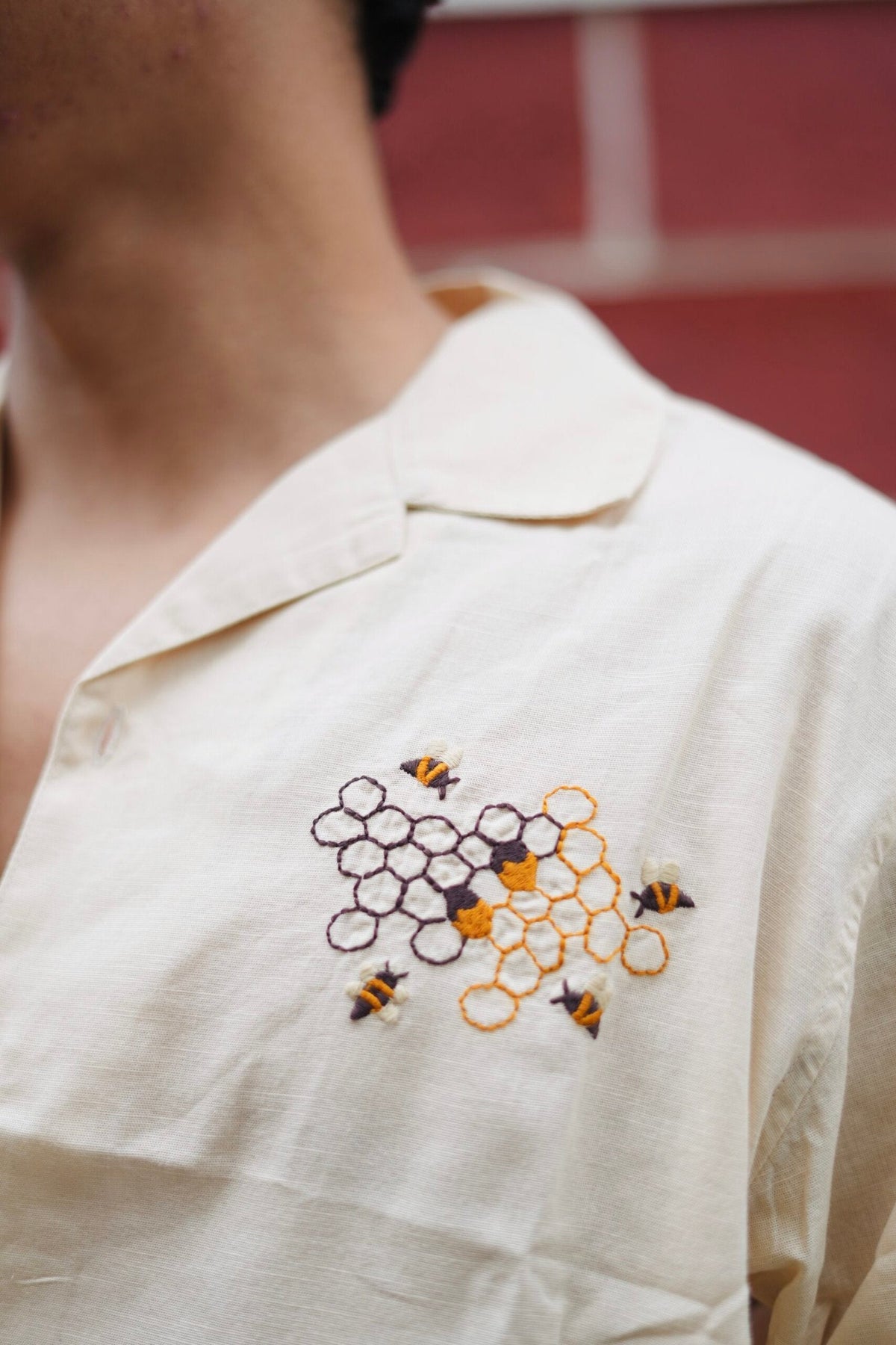 Light Cream Buzz Garden Cuban Collar Shirt With Bee & Nature Embroidery image 1