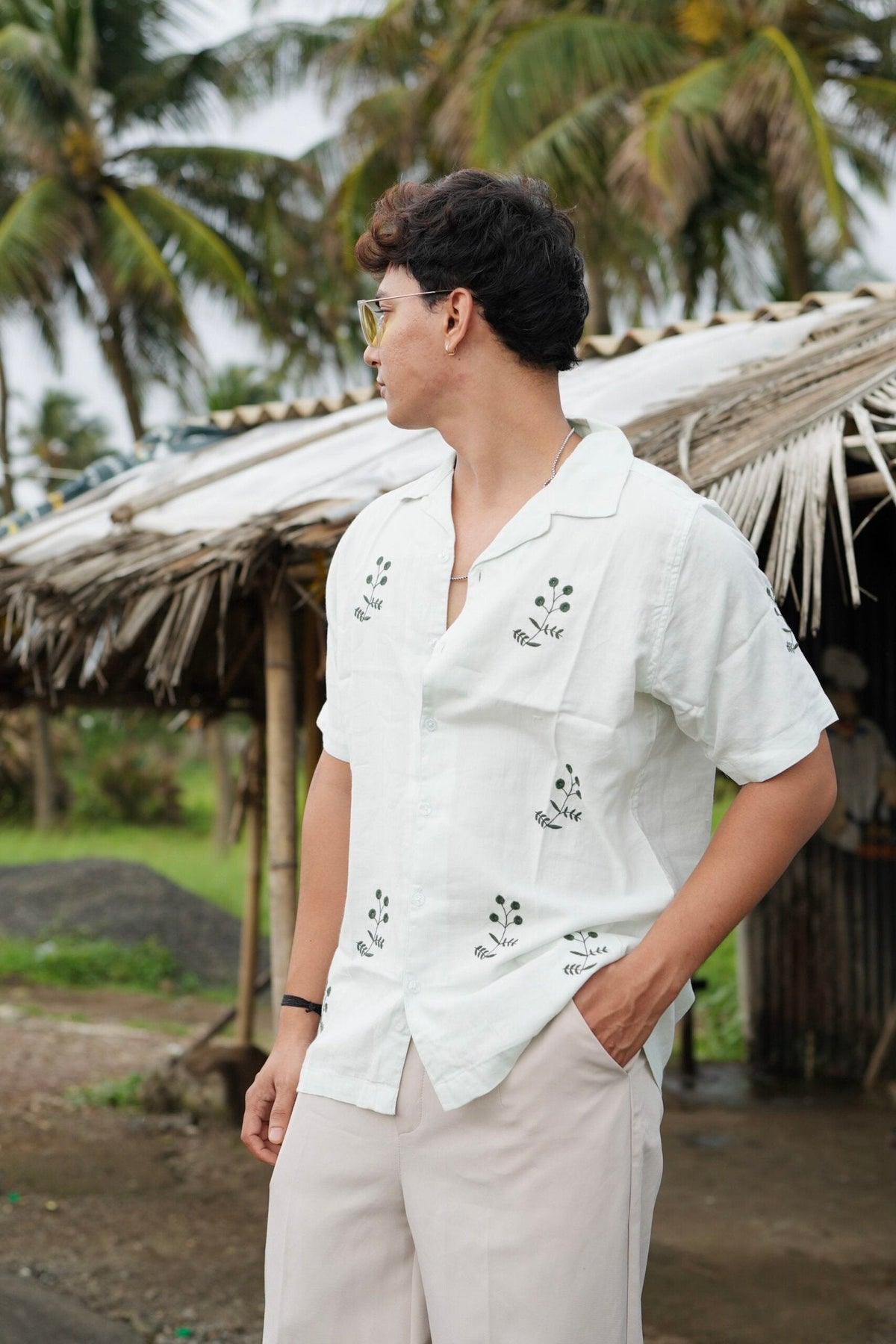 Mint Bloom Cuban Collar Shirt With Minimal Floral Embroidery image 3