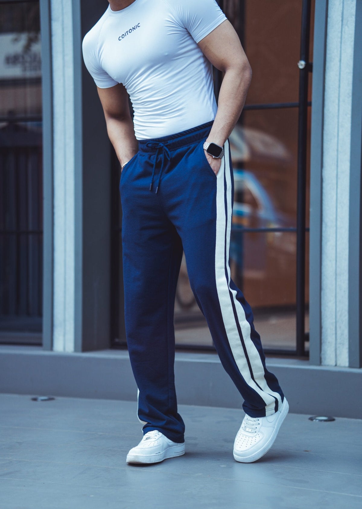 NAVY SIDE SEAM DRAWSTRING WAIST TRACK PANTS image 2