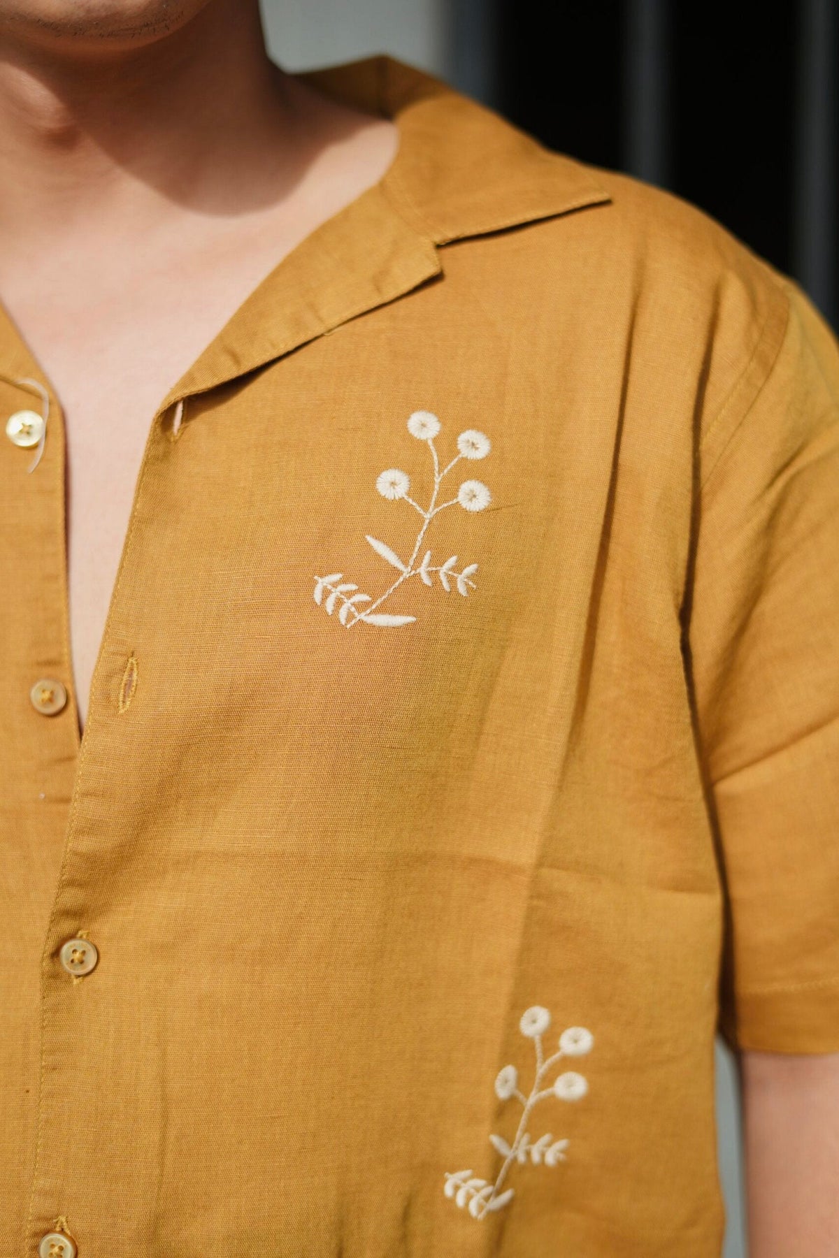 Mustard Yellow Cuban Collar Shirt With Minimal Floral Embroidery image 3