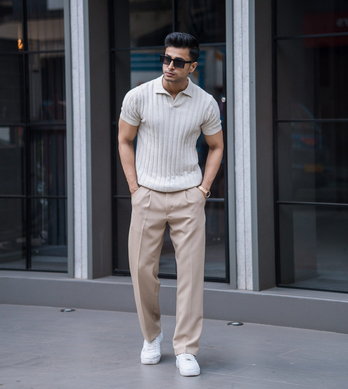 RIBBED KNITTED OFF WHITE HALF SLEEVES POLO T-SHIRT image 0