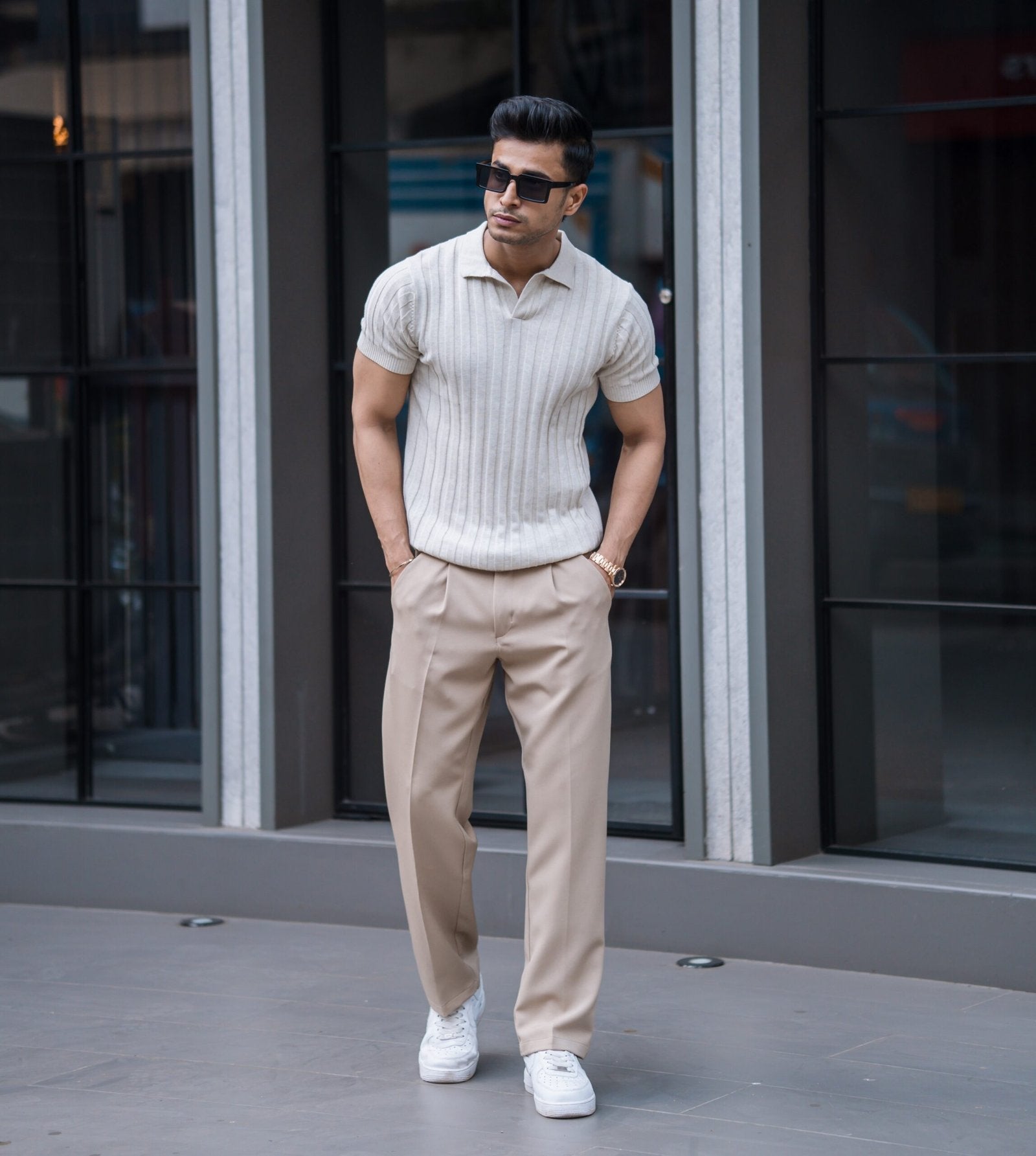 RIBBED KNITTED OFF WHITE HALF SLEEVES POLO T-SHIRT image 0