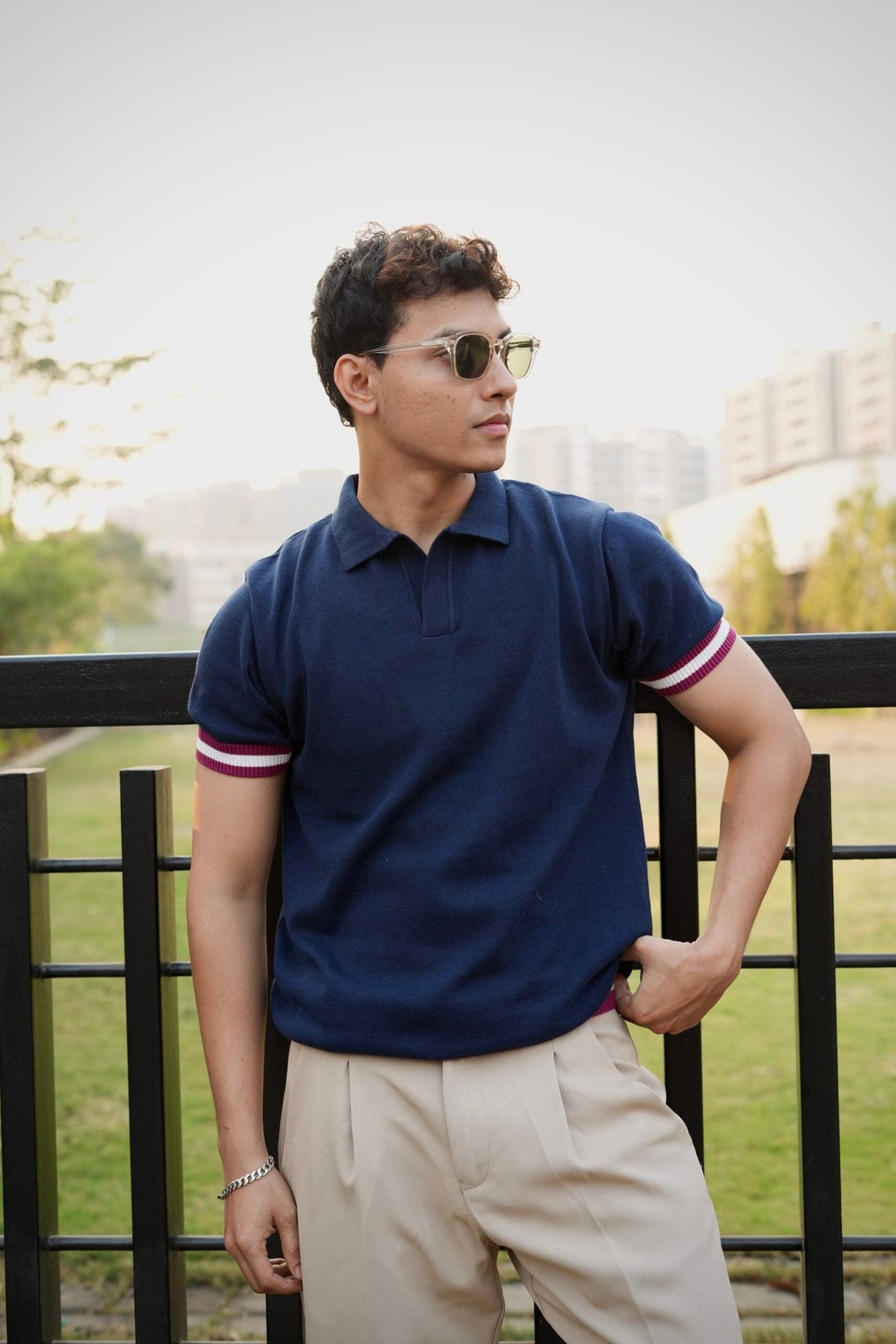 Knitted Polo T-Shirt – Navy Blue with Maroon & White Rib image 3