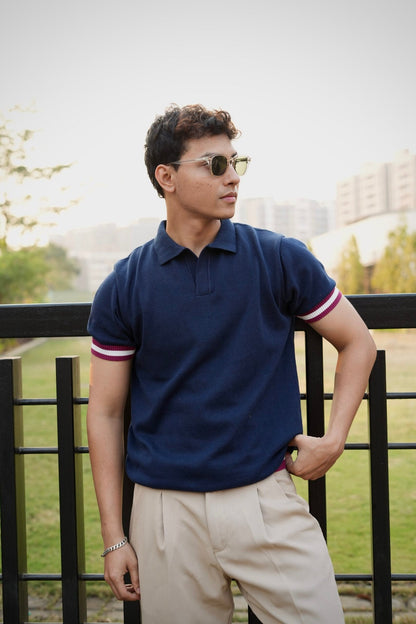 Knitted Polo T-Shirt – Navy Blue with Maroon & White Rib image 3